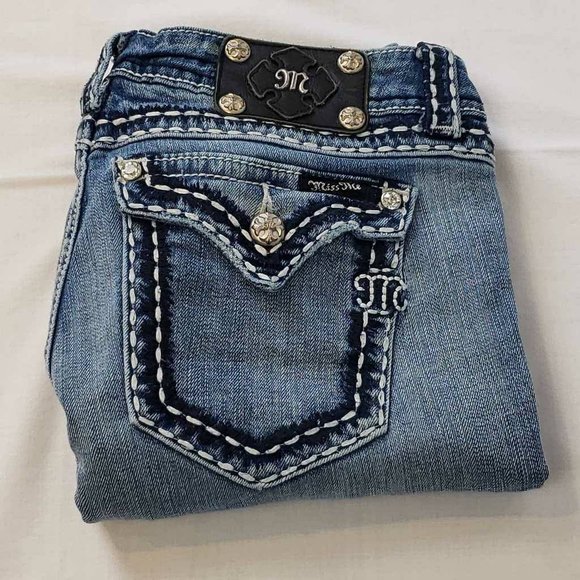 Miss Me Womens Cropped Jeans Blue Thick Stitch Medium Wash Low Rise Denim 29 - Picture 5 of 12